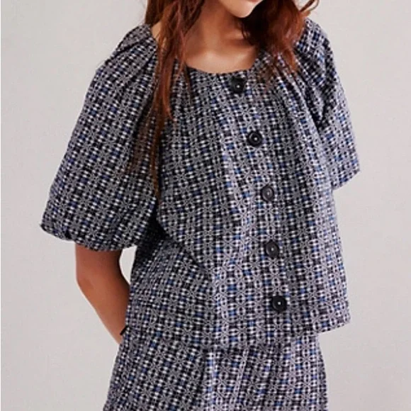 Free People Kiko Top Black Blue Printed Button Front Puff Sleeve Blouse Size M - Picture 2 of 9